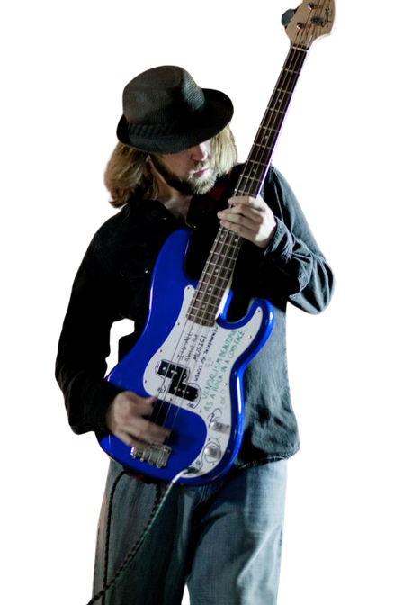 a person in a hat playing a blue electric guitar