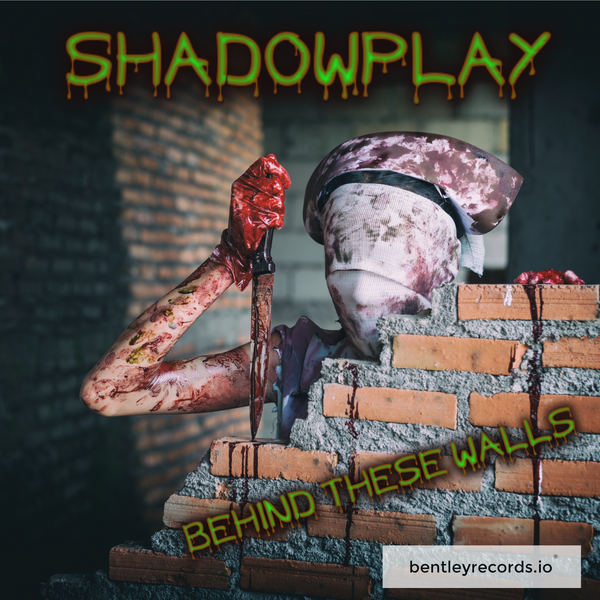 shadowplay - Behind these walls album cover with a bloody asylum  nurse holding a knife stands behind a brick wall