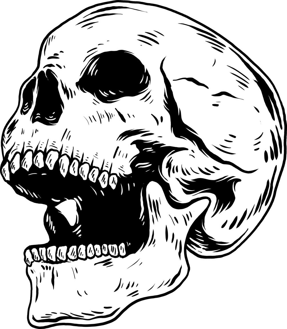 a black and white drawing of a skull with its mouth open